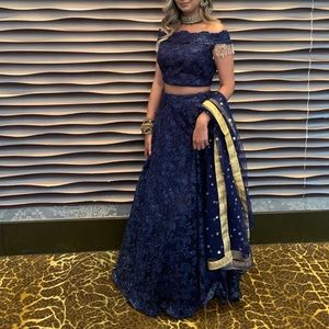 Net Indian lengha, navy blue and gold